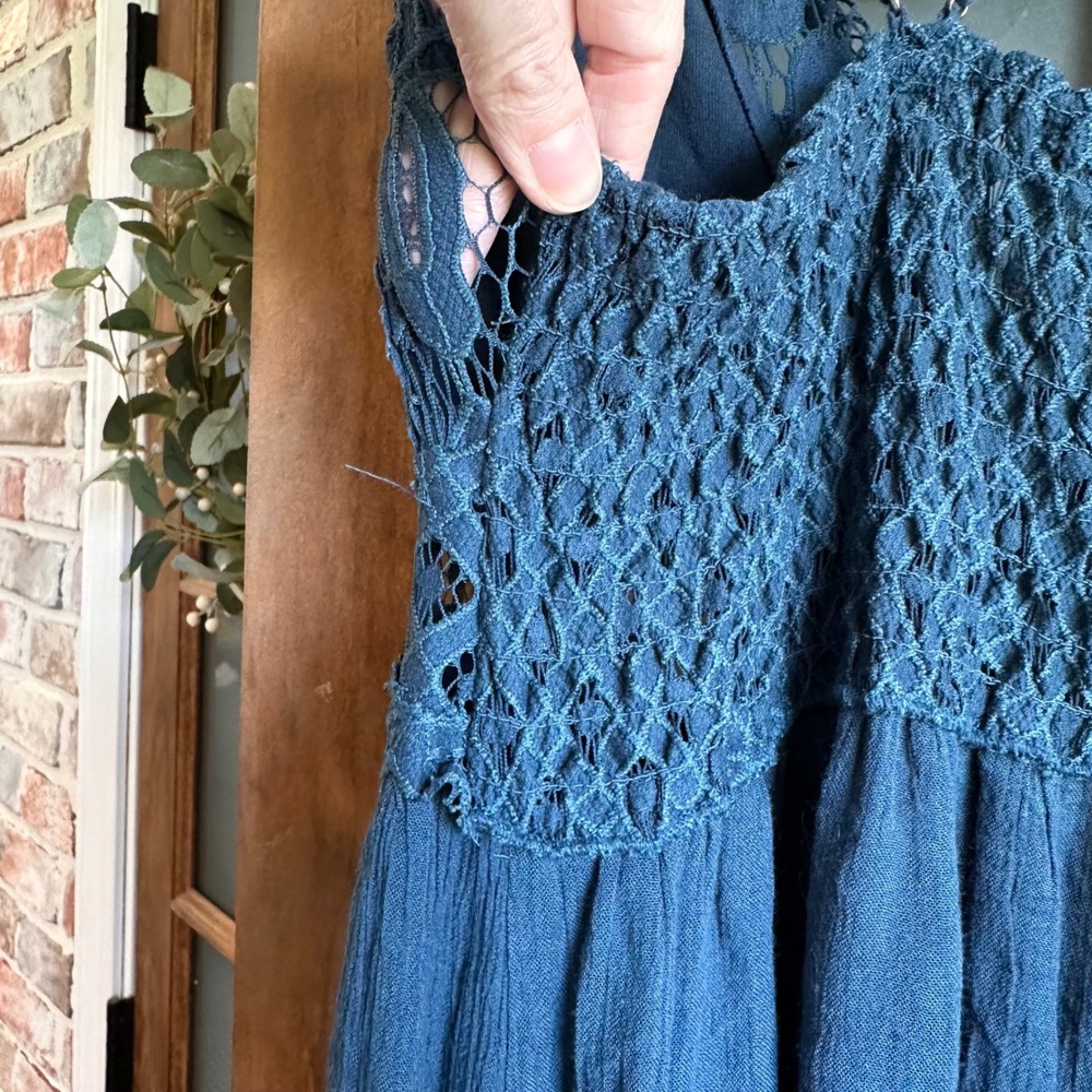 Free People FP One Maxi Dress Womens Medium Teal Blue Lace Boho Ruffle Hem - Picture 15 of 16
